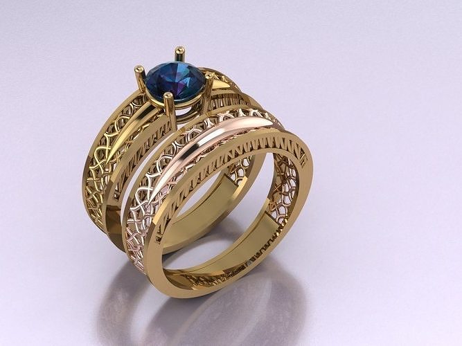 TWINZ 1 gold and sapphire wedding ring set 3D print model
