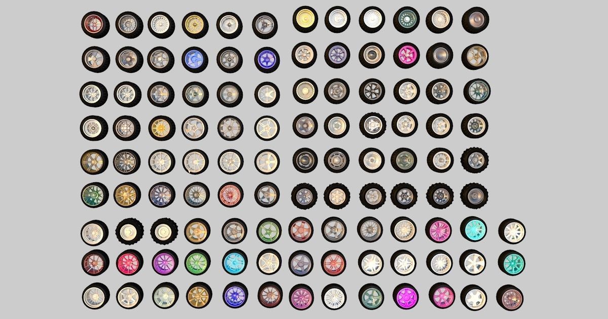 Pack of 100 unique rims tires for cars Low-poly 3D model_14