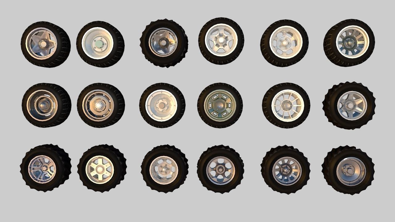 Pack of 100 unique rims tires for cars Low-poly 3D model_7