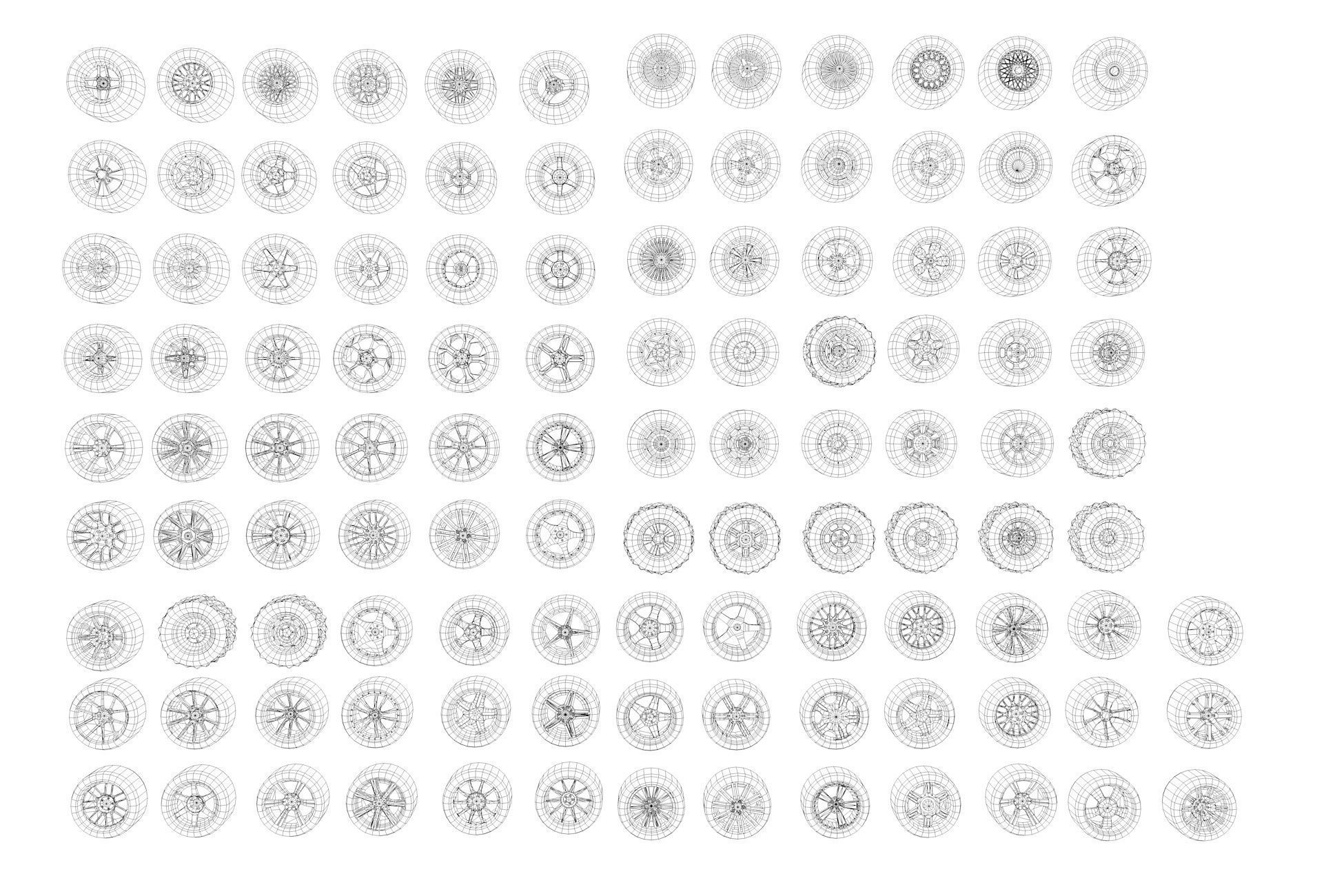 Pack of 100 unique rims tires for cars Low-poly 3D model_13