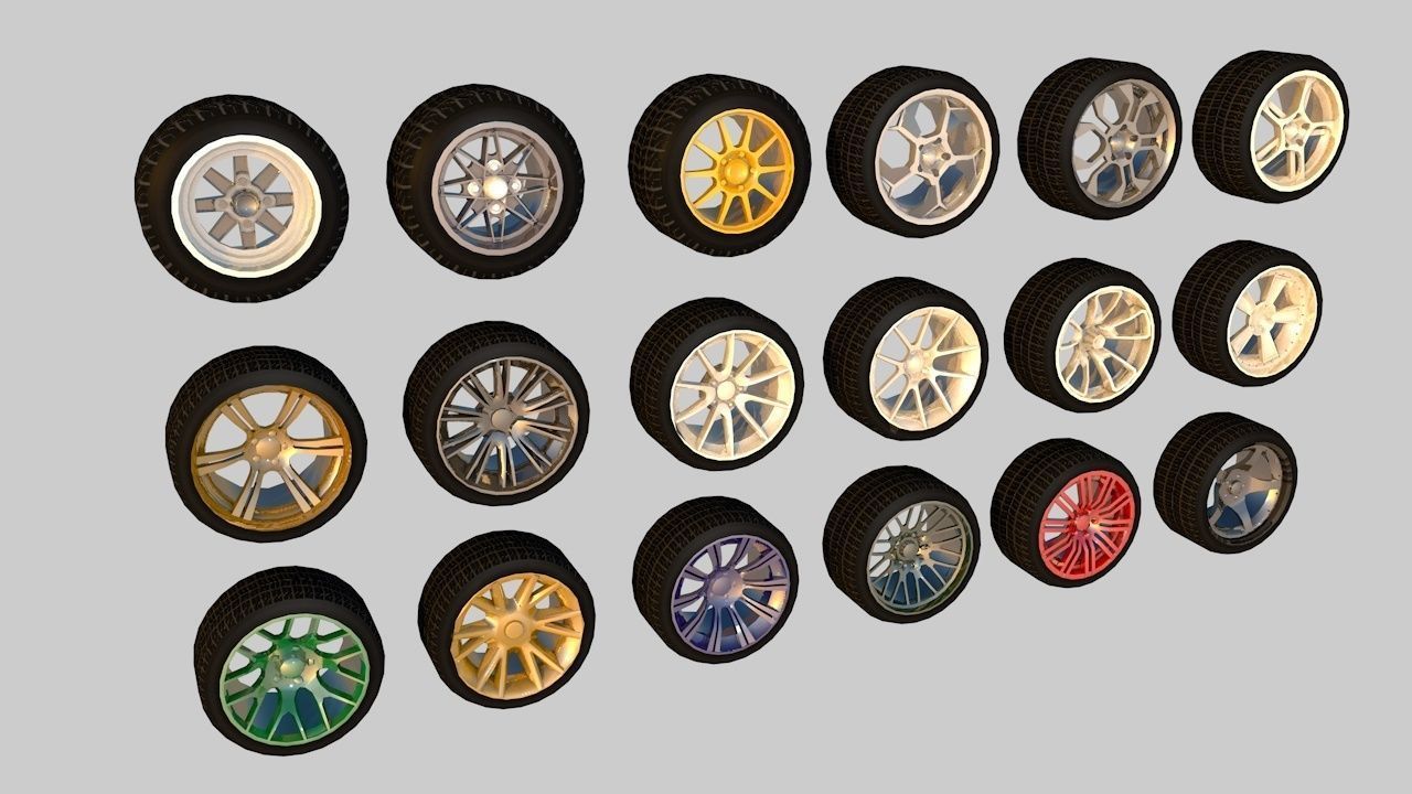 Pack of 100 unique rims tires for cars Low-poly 3D model_5
