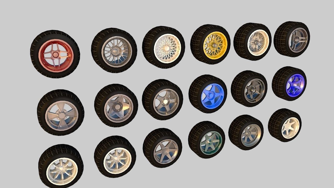 Pack of 100 unique rims tires for cars Low-poly 3D model_3