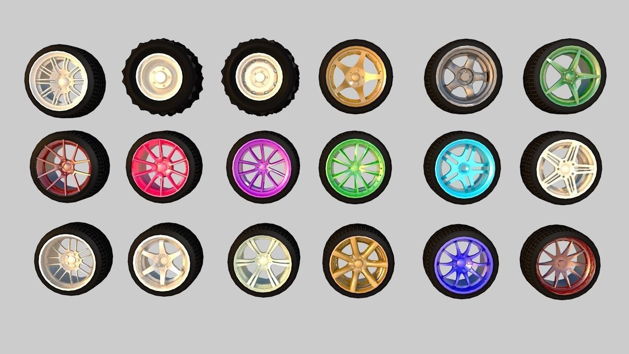 Pack of 100 unique rims tires for cars Low-poly 3D model_9