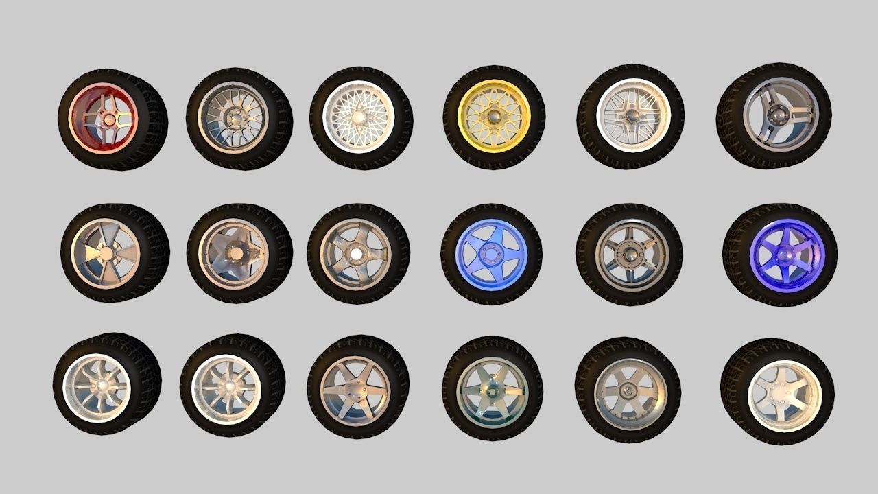 Pack of 100 unique rims tires for cars Low-poly 3D model_2