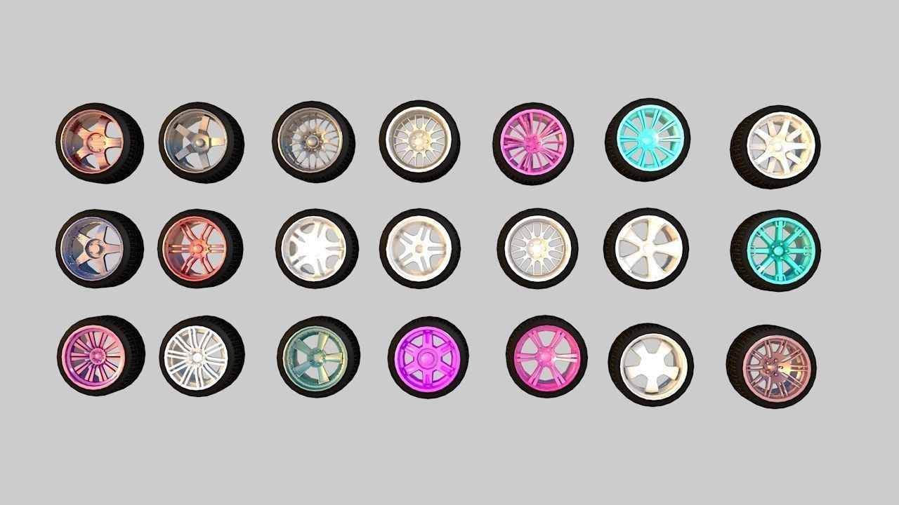 Pack of 100 unique rims tires for cars Low-poly 3D model_10