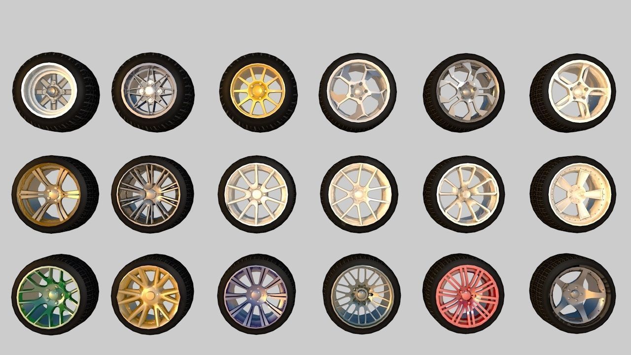 Pack of 100 unique rims tires for cars Low-poly 3D model_4