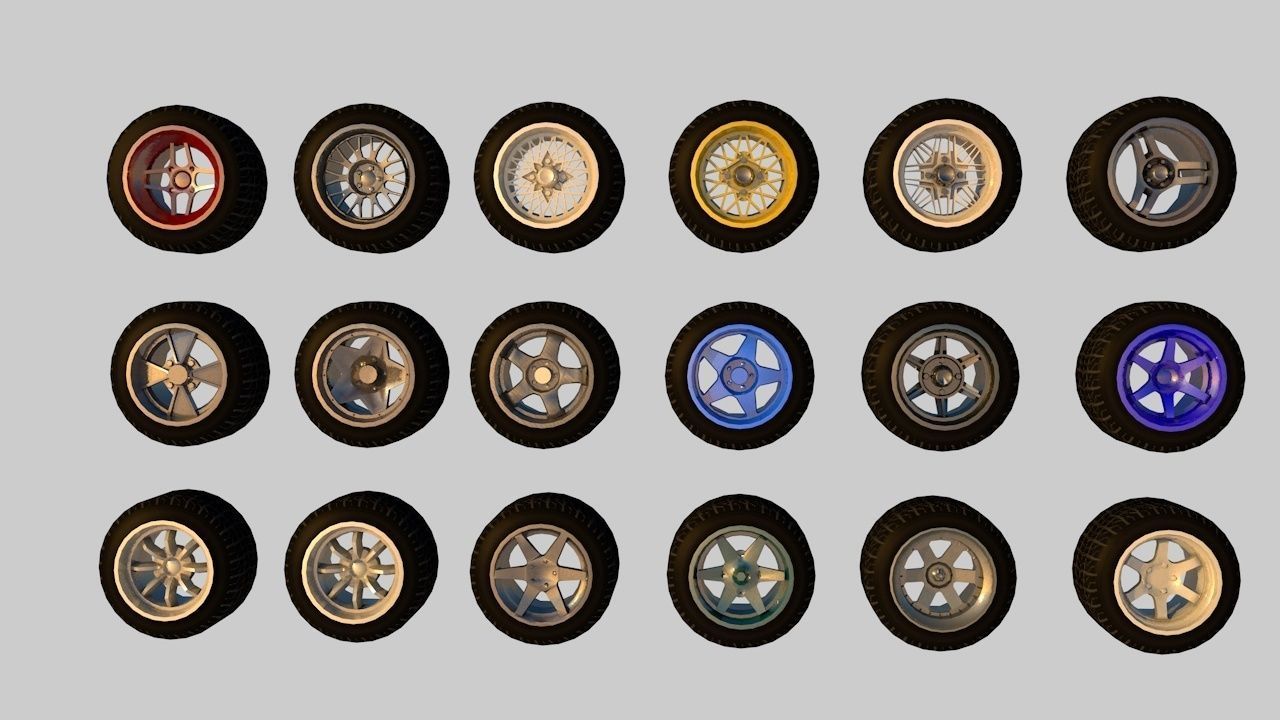 Pack of 100 unique rims tires for cars Low-poly 3D model_1