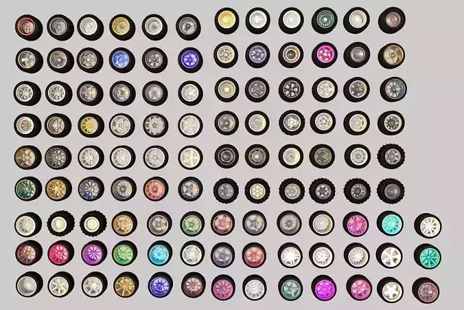 Pack of 100 unique rims tires for cars Low-poly 3D model