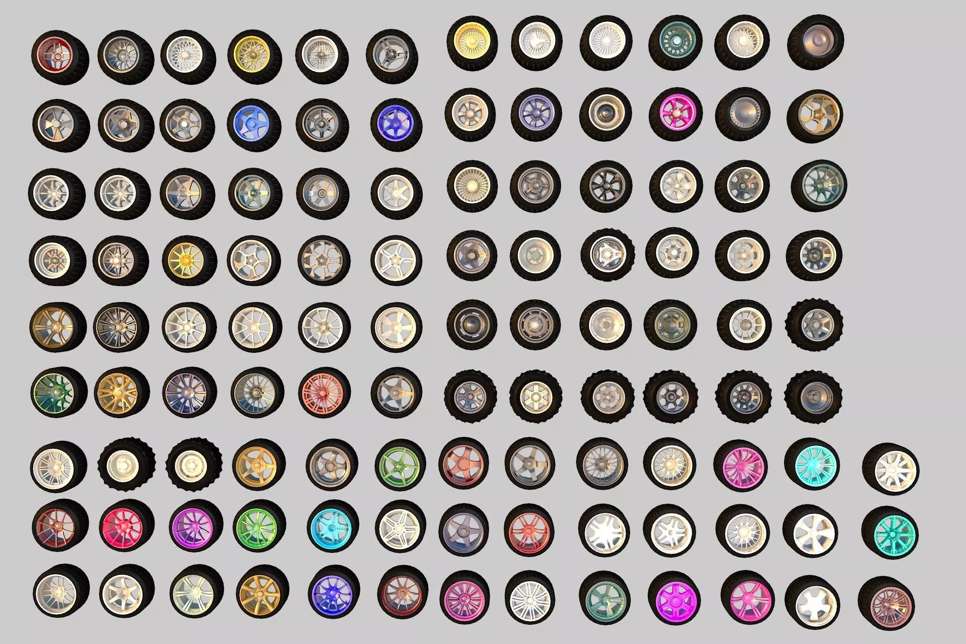 Pack of 100 unique rims tires for cars Low-poly 3D model_0