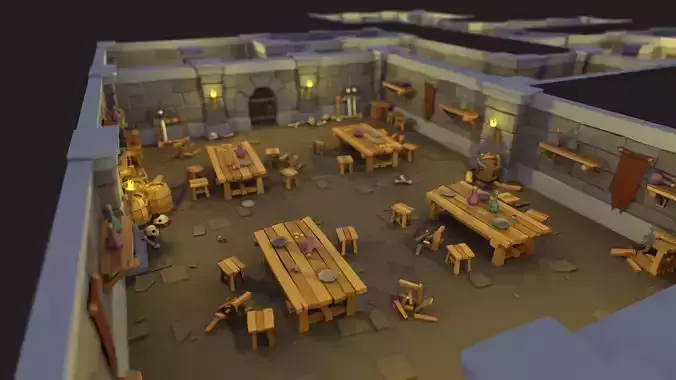 low poly dungeon lego building with lights and furniture