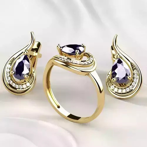 Sapphire Pear Gold Ring with Earrings