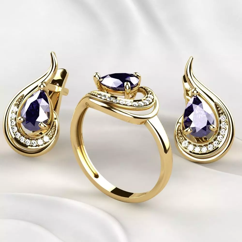 Sapphire Pear Gold Ring with Earrings 3D print model