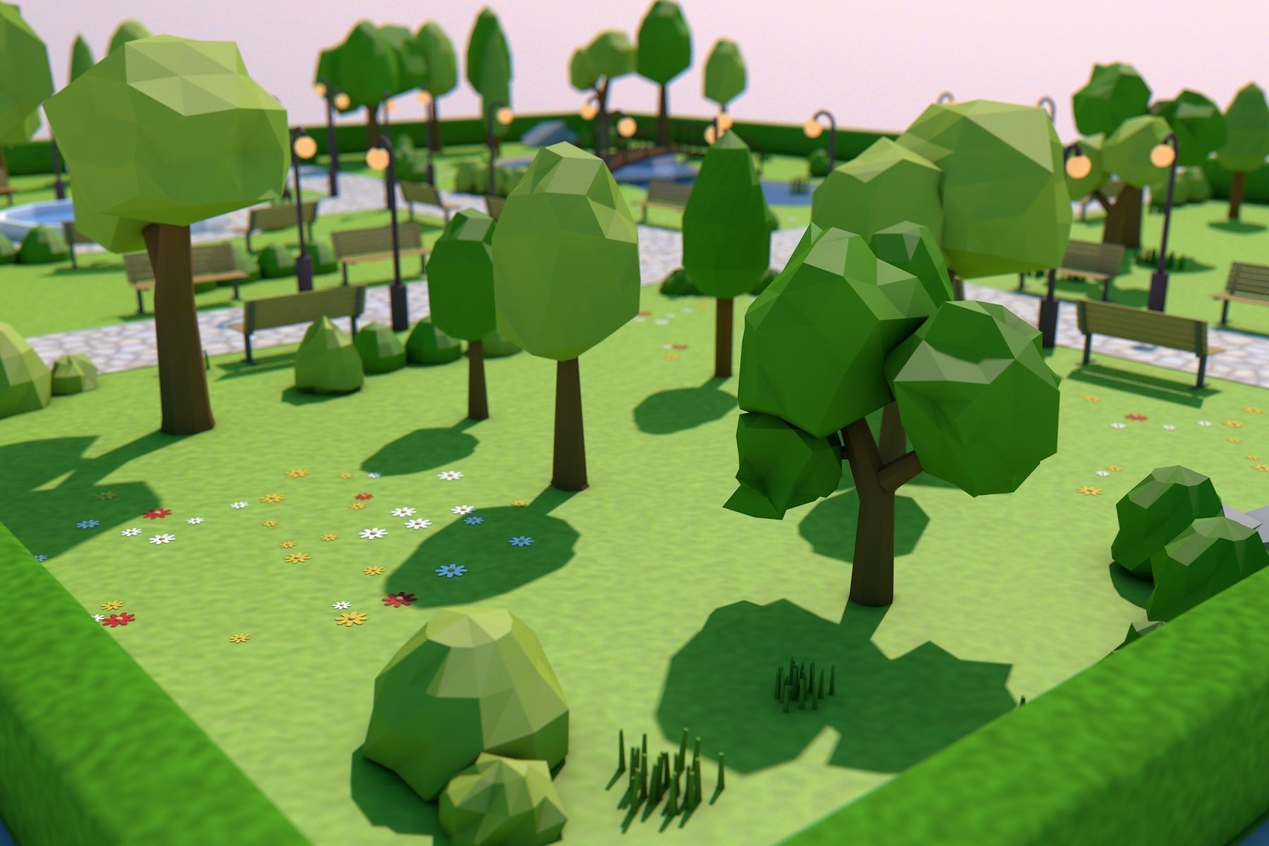 Low Poly Park with trees and pond Low-poly 3D model_6