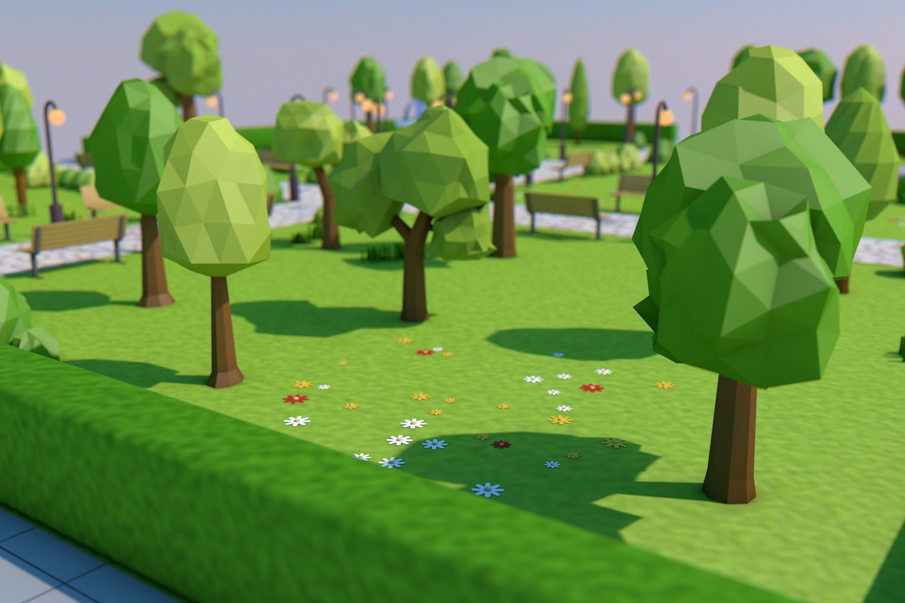 Low Poly Park with trees and pond Low-poly 3D model_5