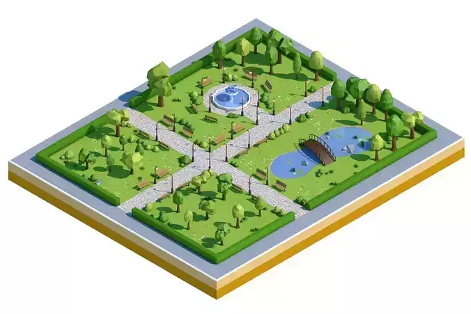 Low Poly Park with trees and pond Low-poly 3D model