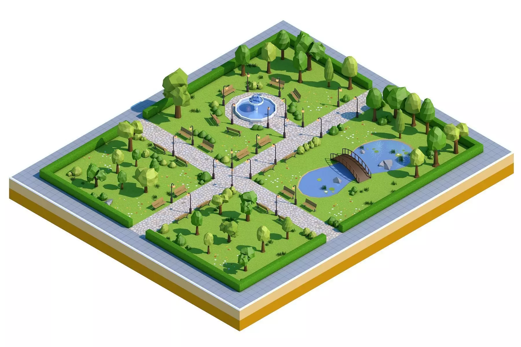 Low Poly Park with trees and pond Low-poly 3D model_0
