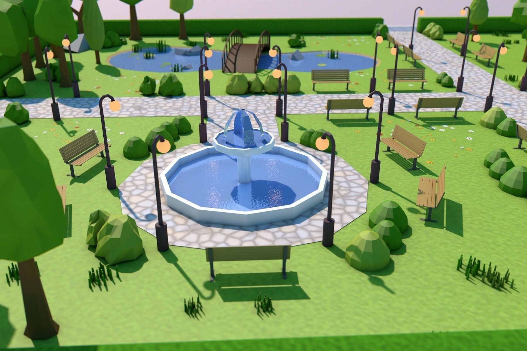 Low Poly Park with trees and pond Low-poly 3D model_7
