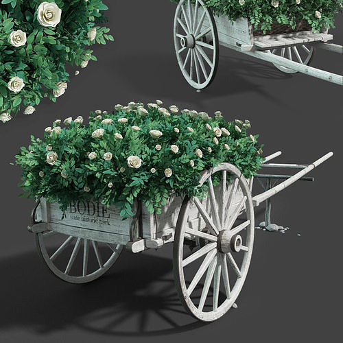 Wooden cart with flowers 3D model
