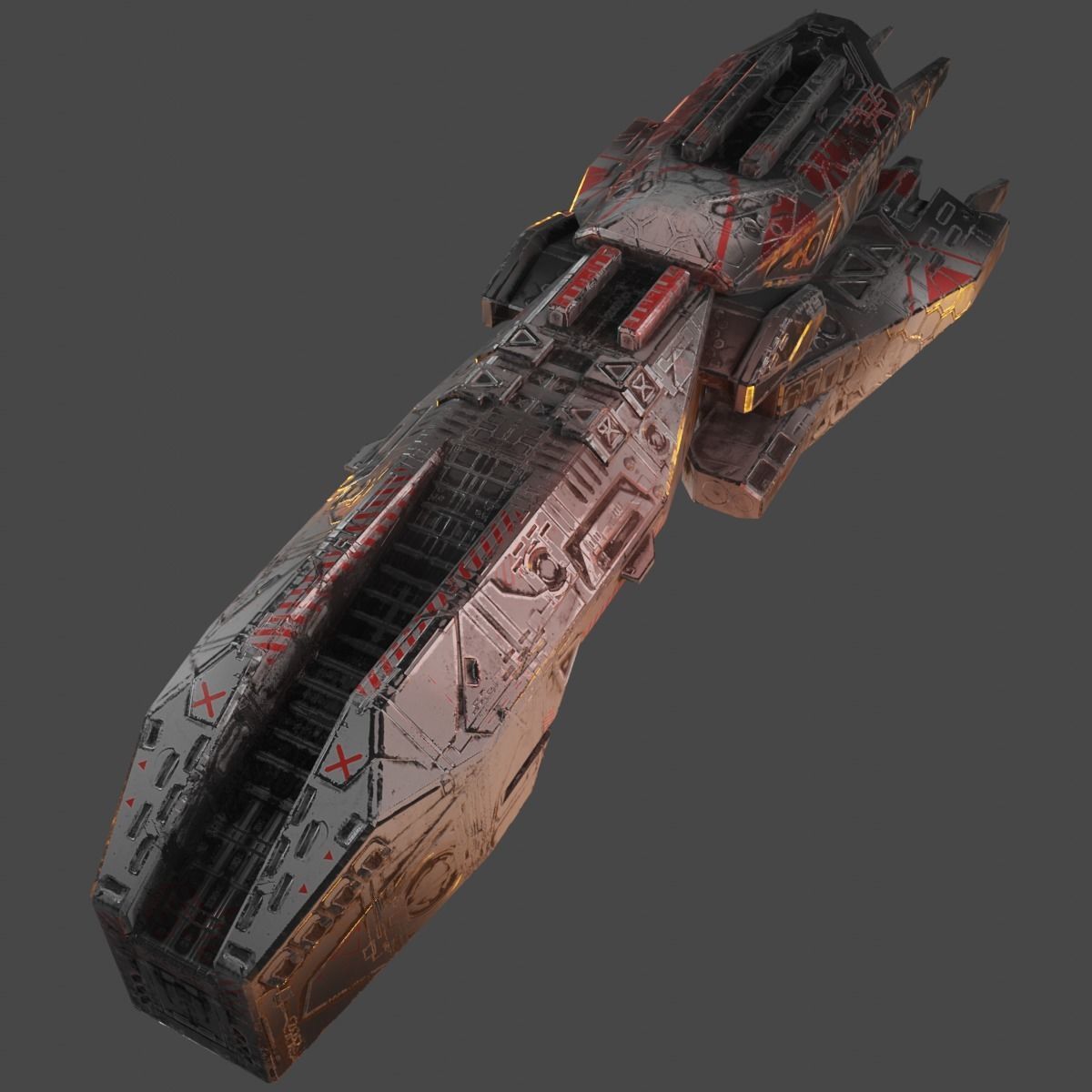 Freighter spaceship with flames Low-poly 3D model_2