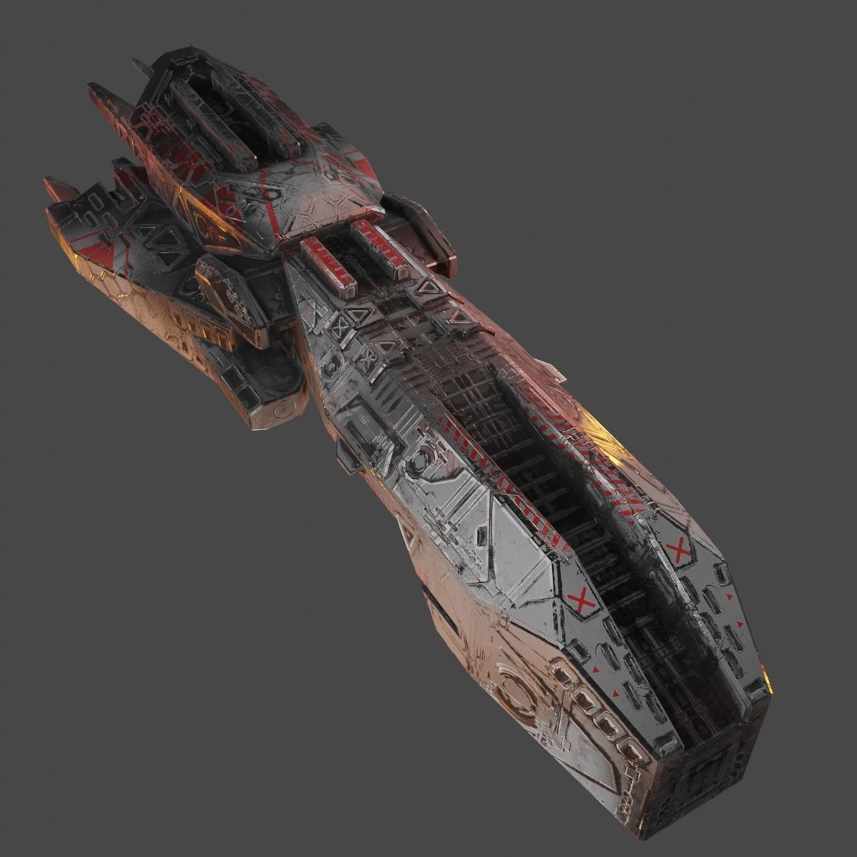 Freighter spaceship with flames Low-poly 3D model_4