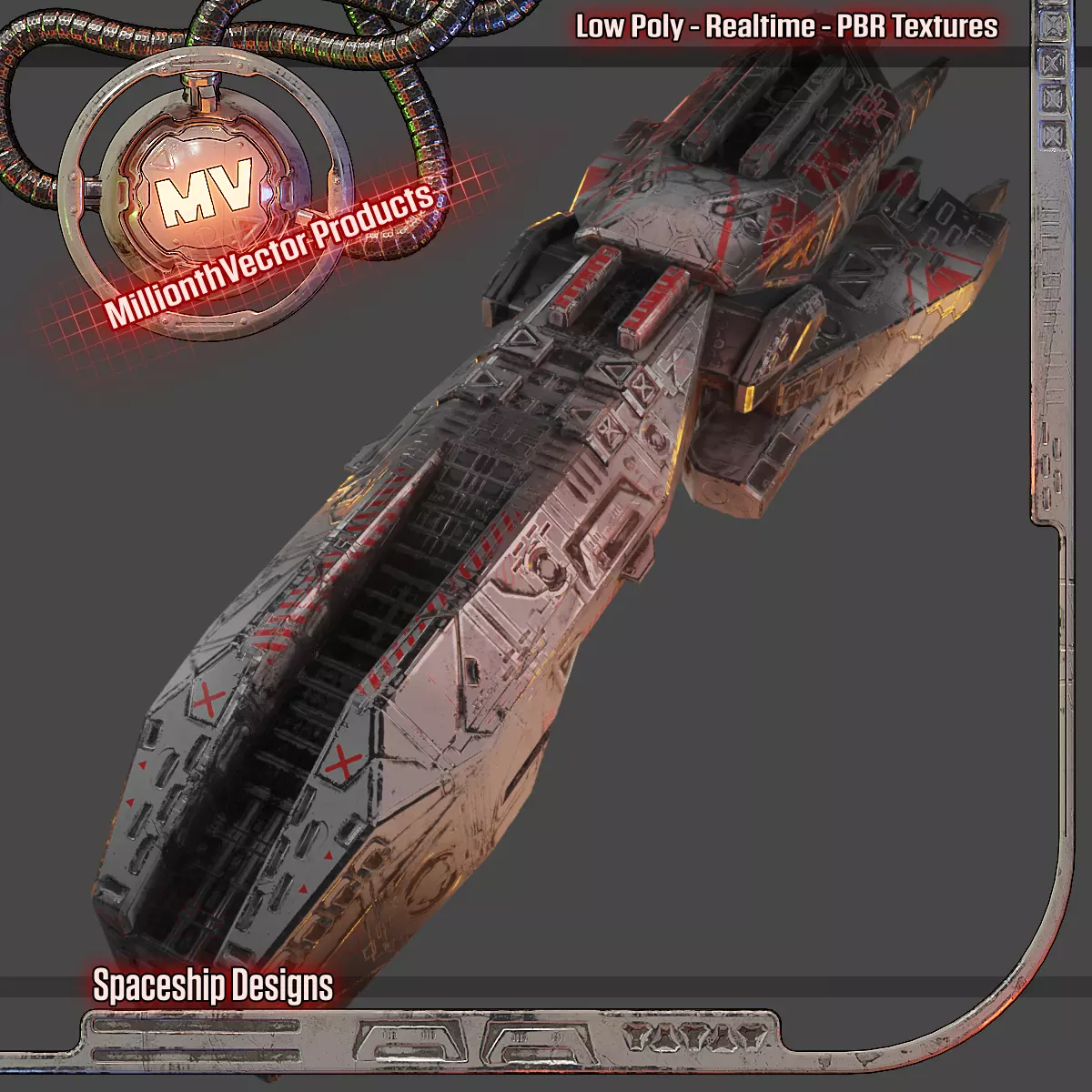 Freighter spaceship with flames Low-poly 3D model_0