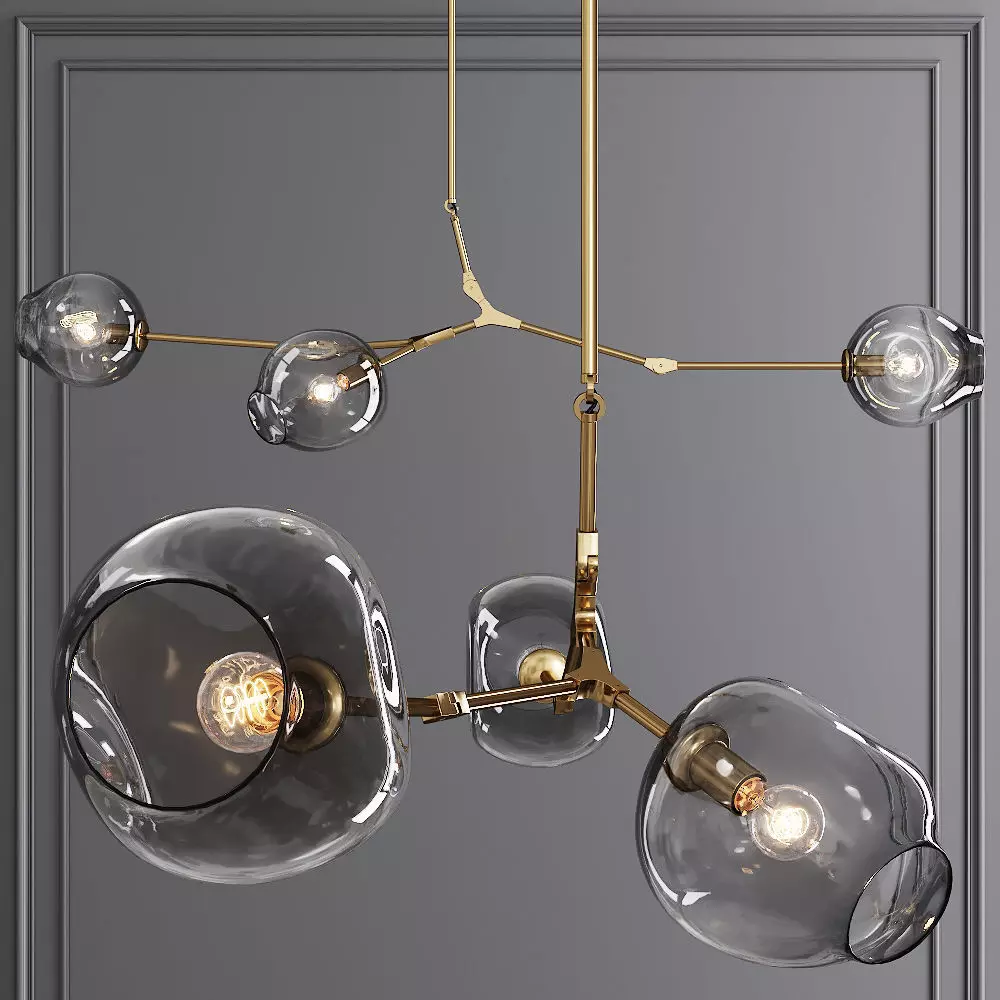 3-globe Branching Bubble Brushed Brass and Gray Glass 3D model_0