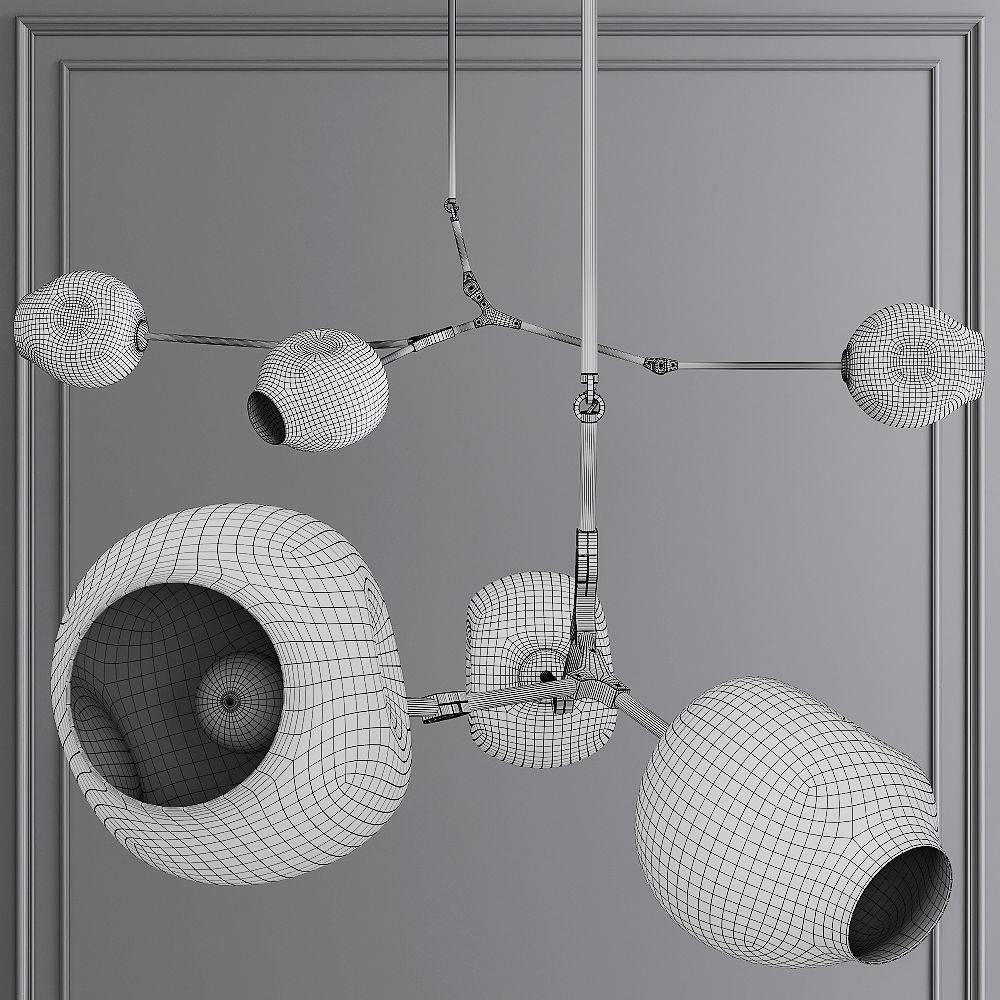 3-globe Branching Bubble Brushed Brass and Gray Glass 3D model_1