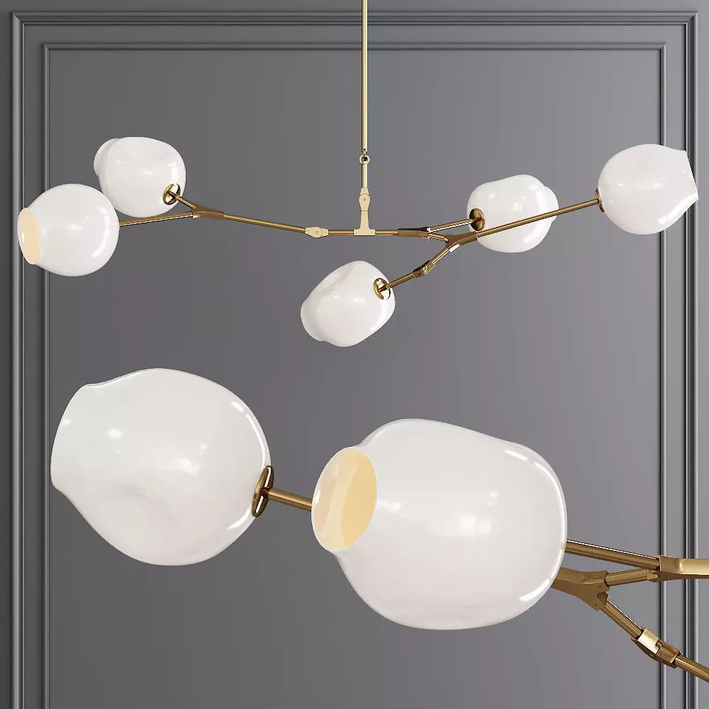 5-globe Branching Bubble Brushed Brass and White Glass 3D model_0