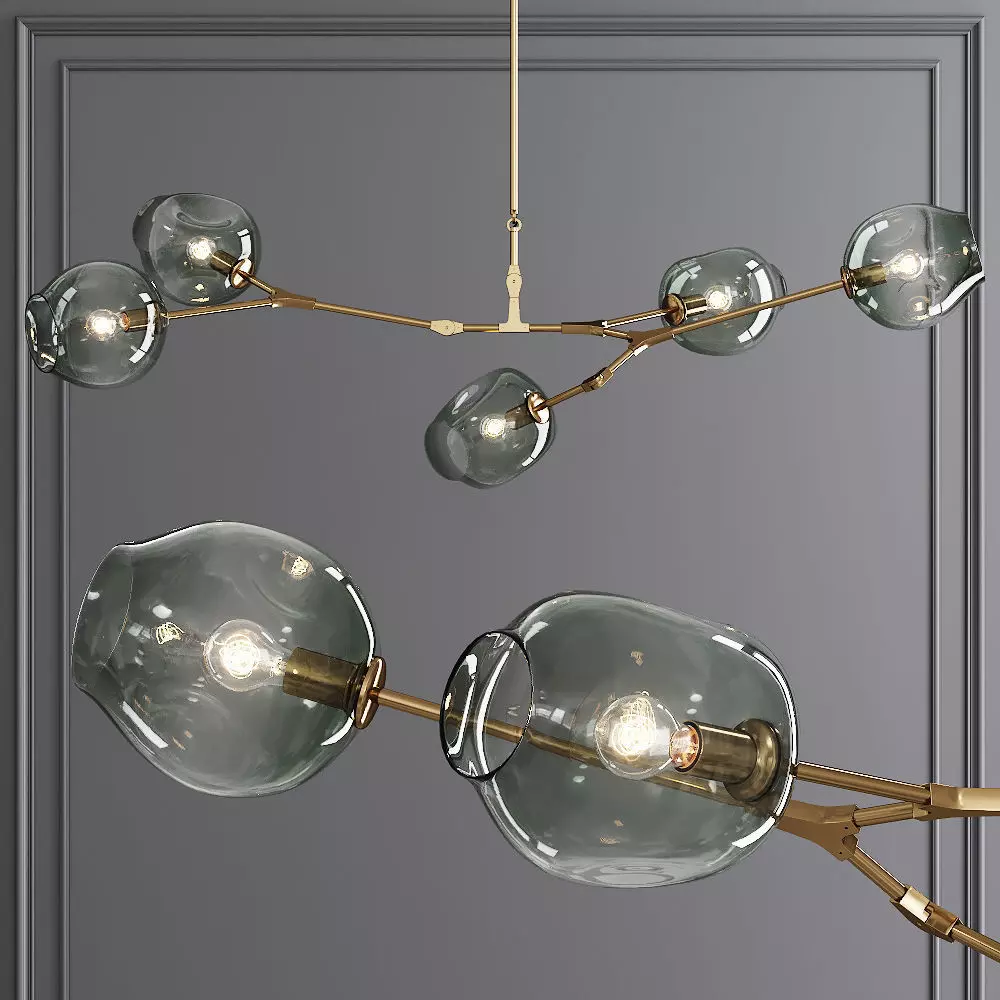 5-globe Branching Bubble Brushed Brass and Dark Green Glass 3D model_0