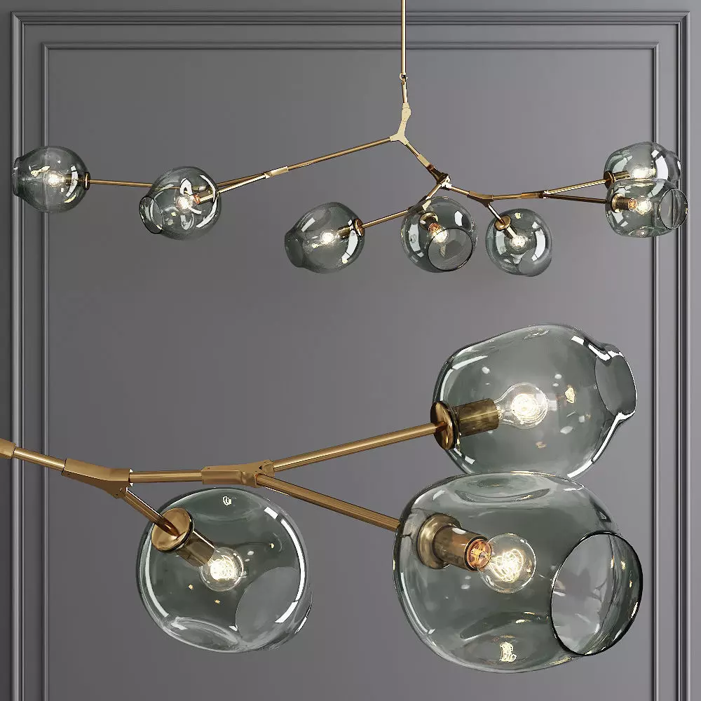 7-globe Branching Bubble Brushed Brass and Dark Green Glass 3D model_0