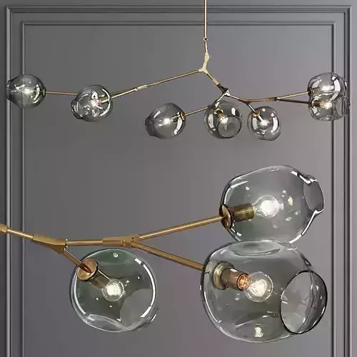 7-globe Branching Bubble Brushed Brass and Dark Green Glass