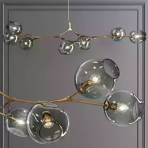 7-globe Branching Bubble Brushed Brass and Dark Green Glass
