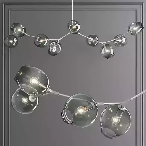 9-globe Branching Bubble Satin Nickel and Dark Green Glass