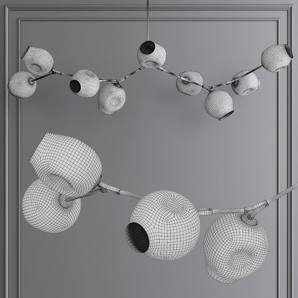 9-globe Branching Bubble Brushed Brass and White Glass 3D model_1