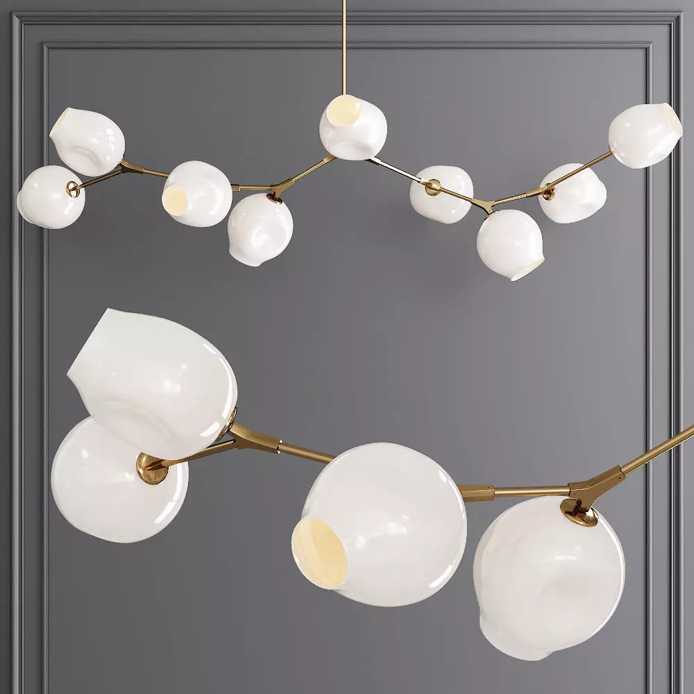 9-globe Branching Bubble Brushed Brass and White Glass 3D model_0