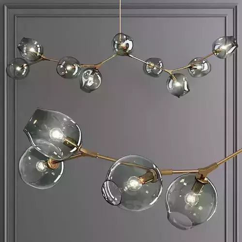 9-globe Branching Bubble Brushed Brass and Dark Green Glass