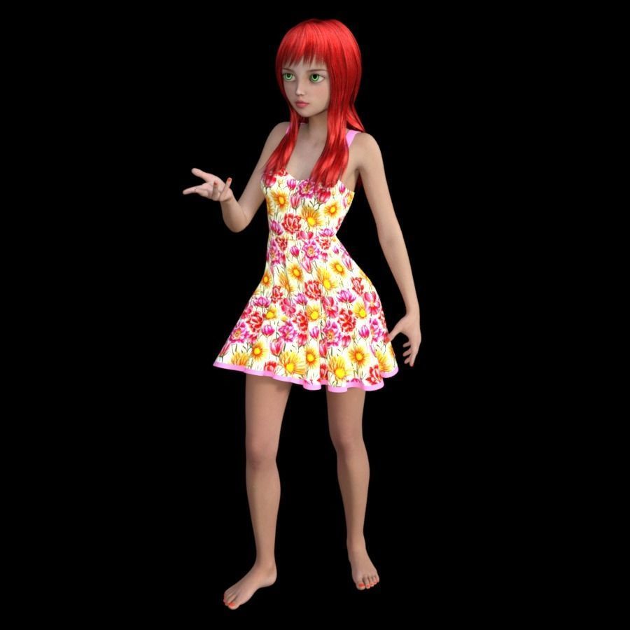 t6-LADY girl in floral dress 3D model_1