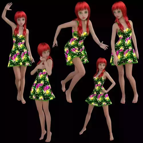 t8-lady girl in floral dress waving 3D model