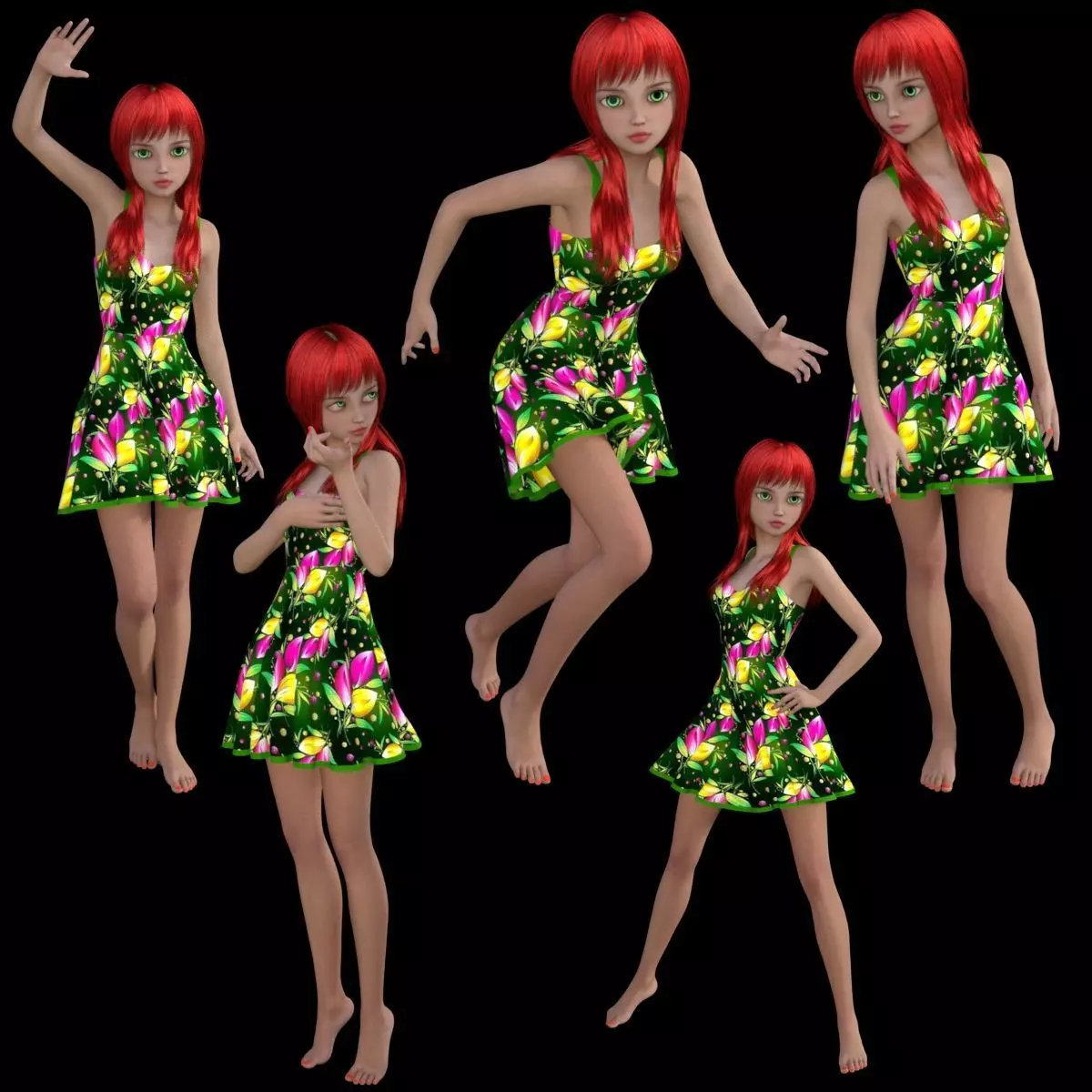 t8-lady girl in floral dress waving 3D model_0