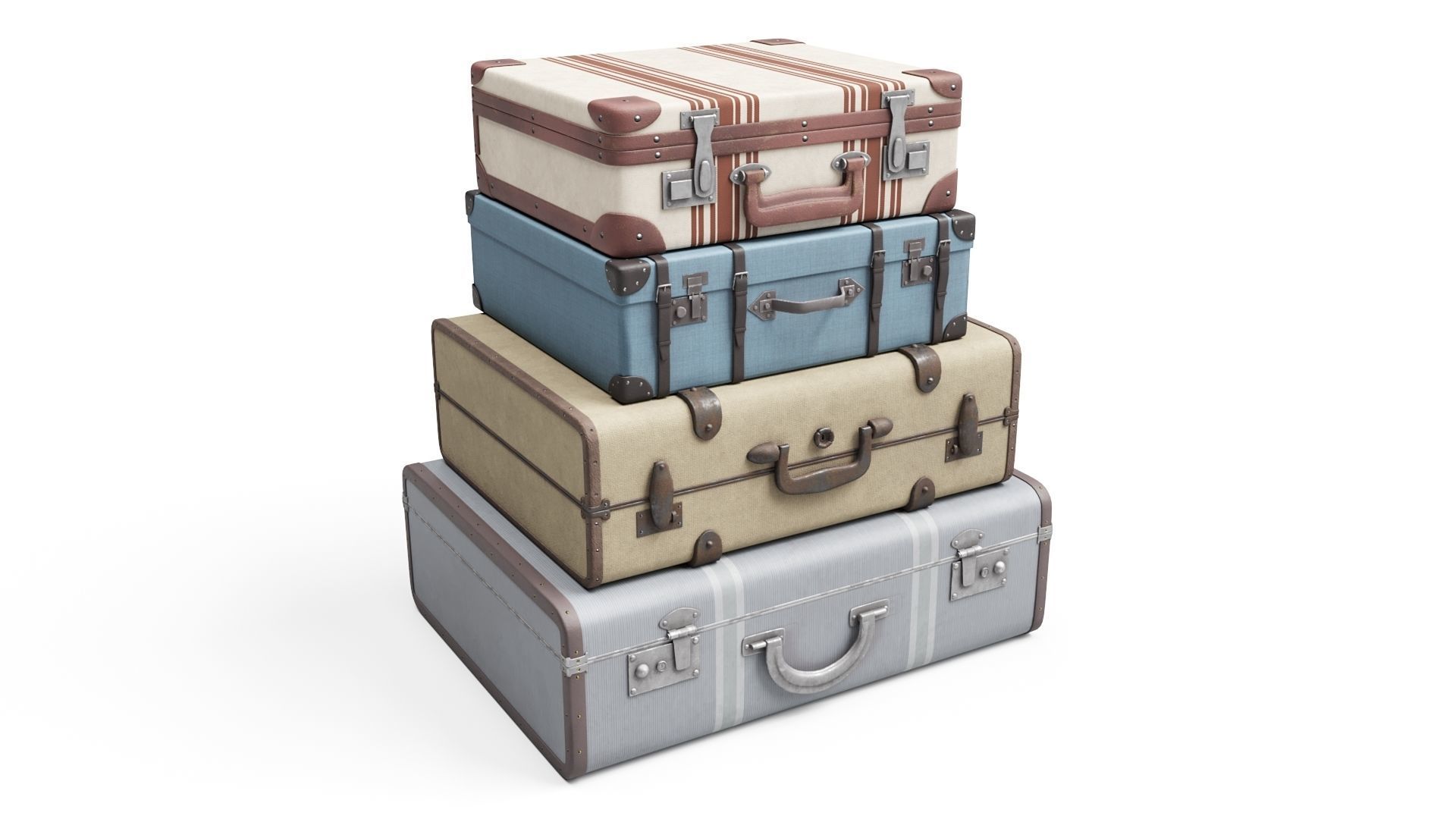Set of Vintage Suitcases Low-poly 3D model_0