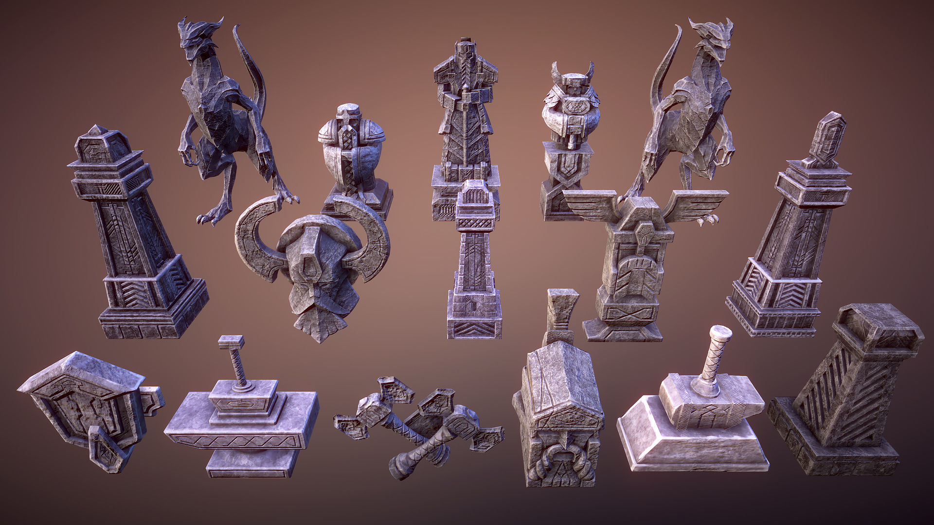 Dwarven statues Low-poly 3D model_2