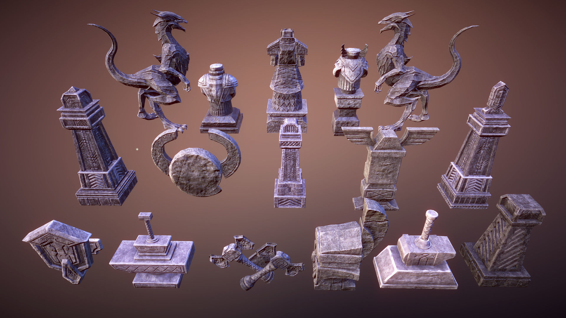 Dwarven statues Low-poly 3D model_3