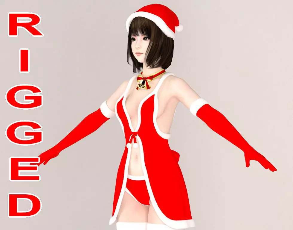T pose rigged model of Mariko in Christmas costume V02 3D model_0
