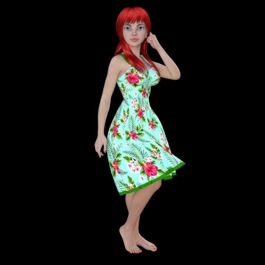 T9-LADY hawaiian girl in floral dress 3D model_2