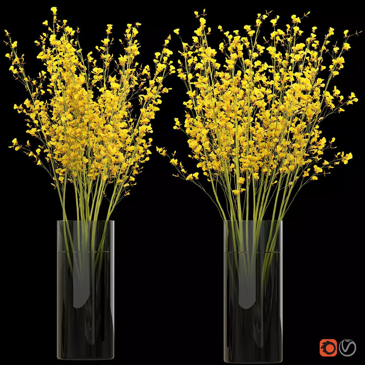 Big bouquet orchid oncidium in a modern vase 3D model_0
