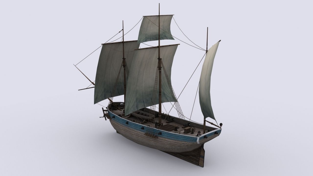Small sailing ship Low-poly 3D model_3