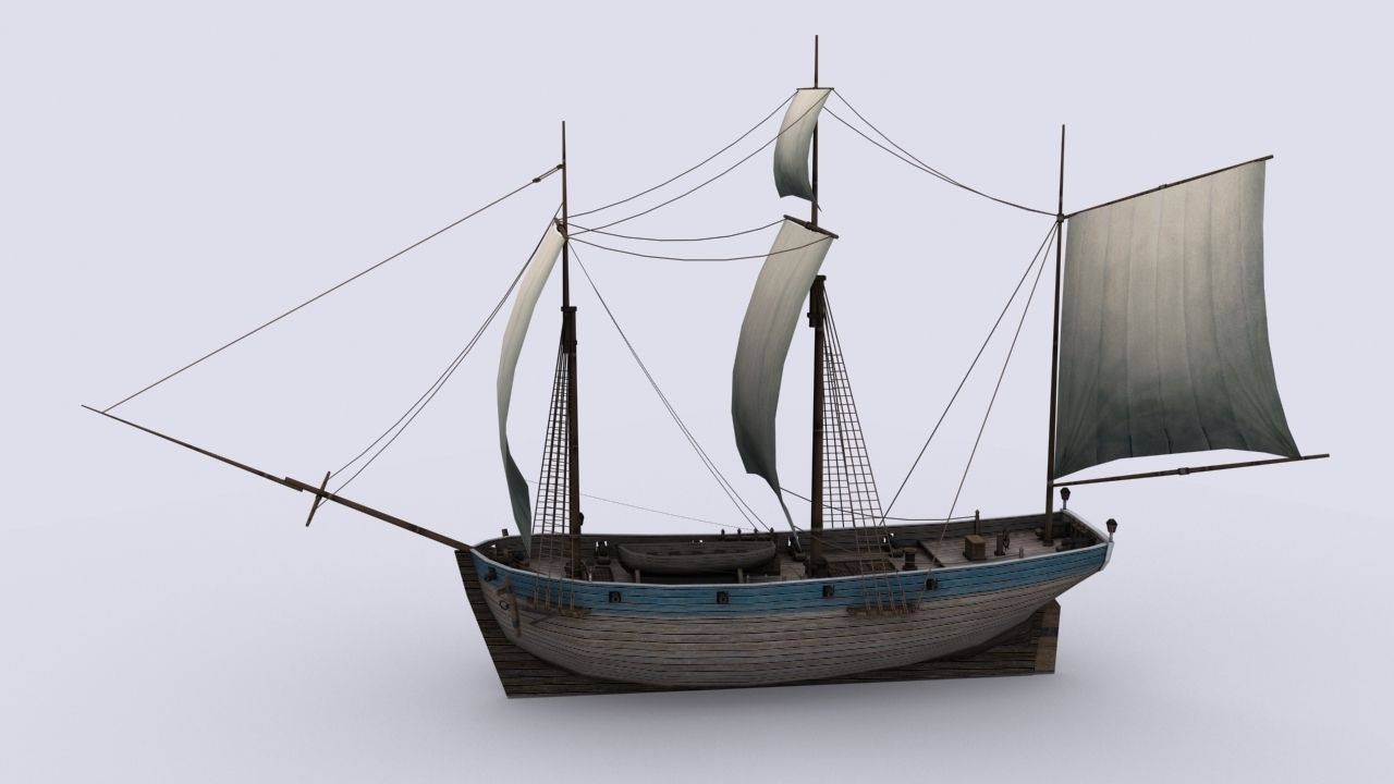Small sailing ship Low-poly 3D model_5