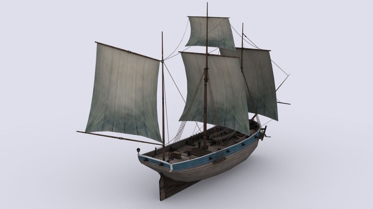 Small sailing ship Low-poly 3D model_2