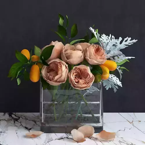 Bouquet of Austin Roses  Kumquat branches and Dusty Miller plant 3D model