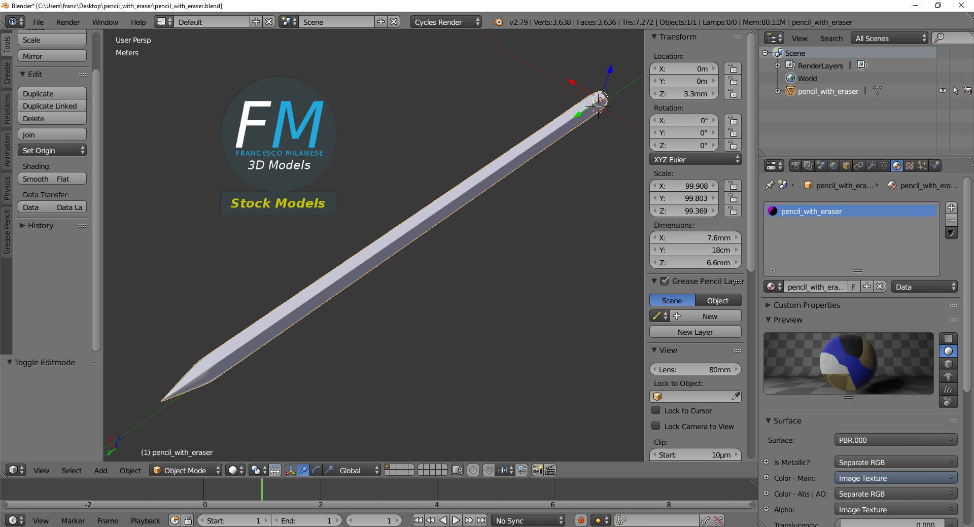 Pencil with eraser 3D model_9